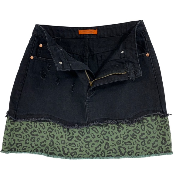 Black with Green & Black Cheetah Print Denim Mini Skirt - Picture 2 of 7